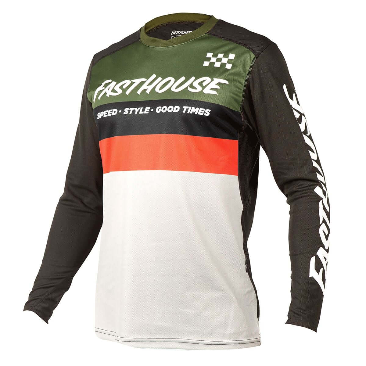 Long-sleeve cycling jersey, olive and black with orange and white panels