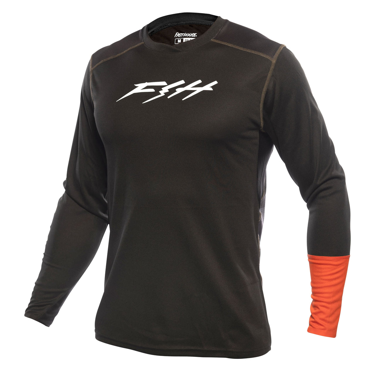 Black long-sleeve motocross jersey with white chest logo and orange cuffs