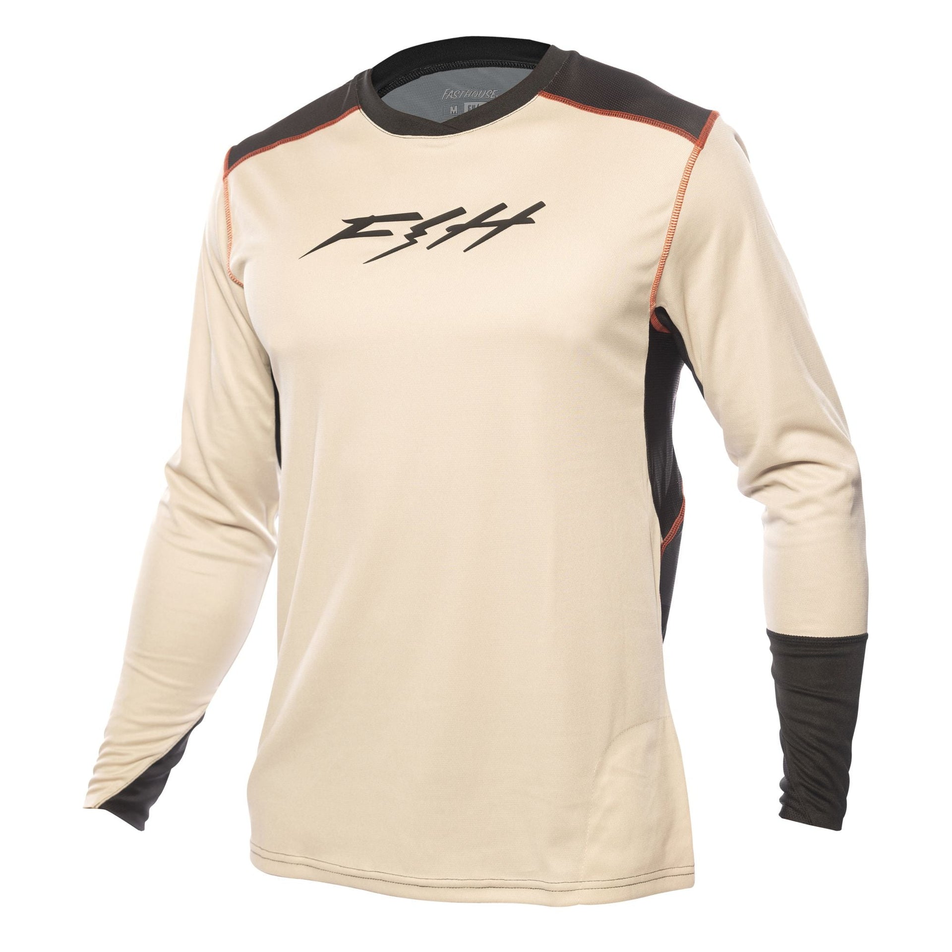 Cream long-sleeve motocross jersey with black logo, orange side trim, dark cuffs