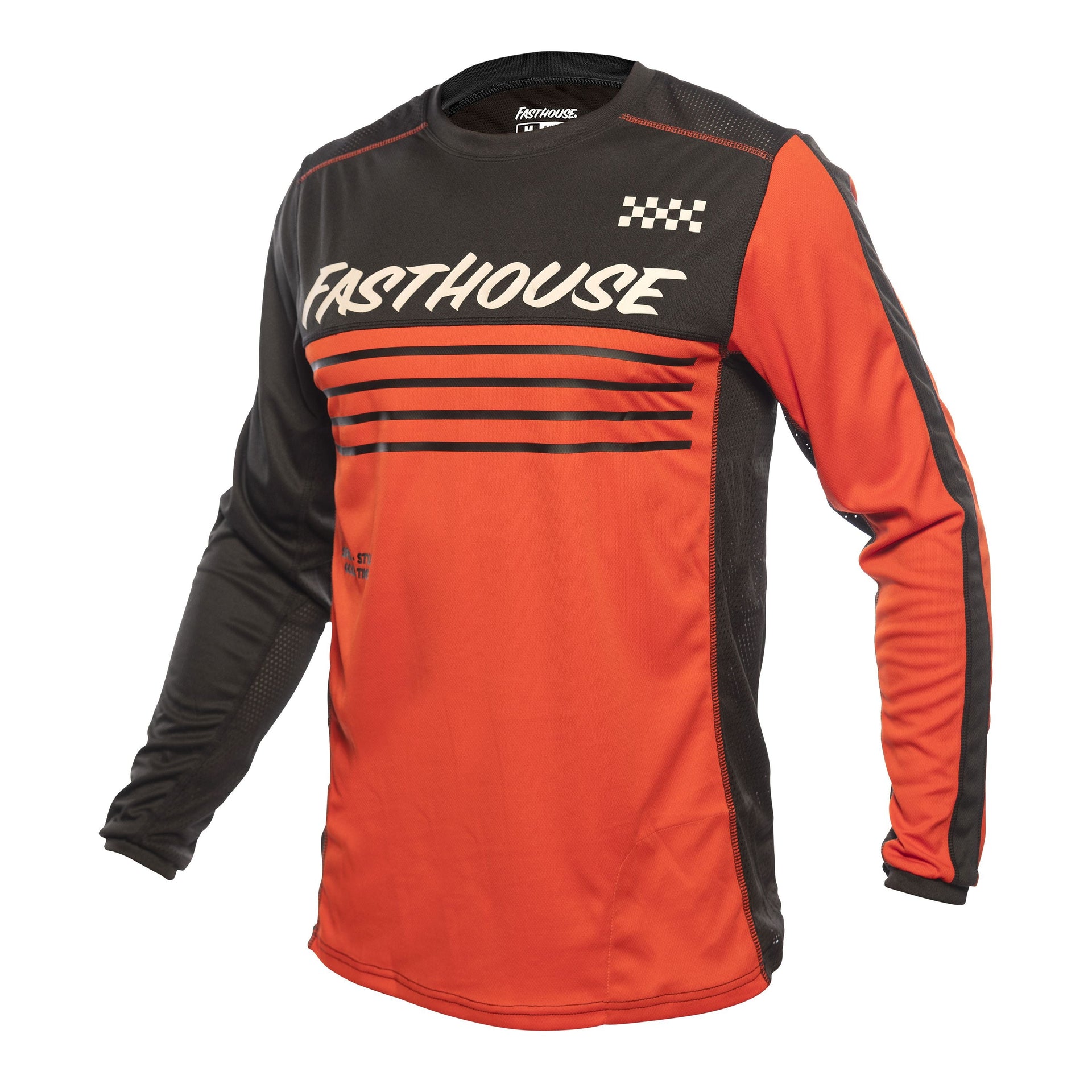 Long-sleeve motocross jersey, black and red with bold FastHouse checker logo