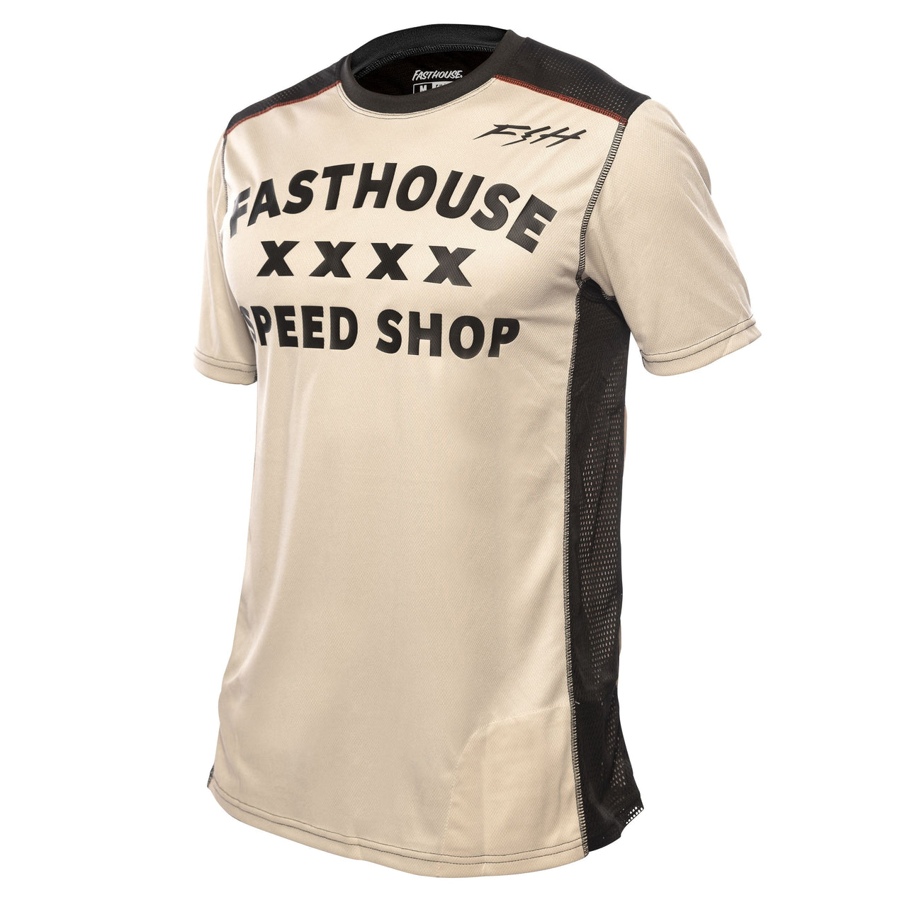 Cream short-sleeve jersey with FASTHOUSE graphic and black mesh side panels