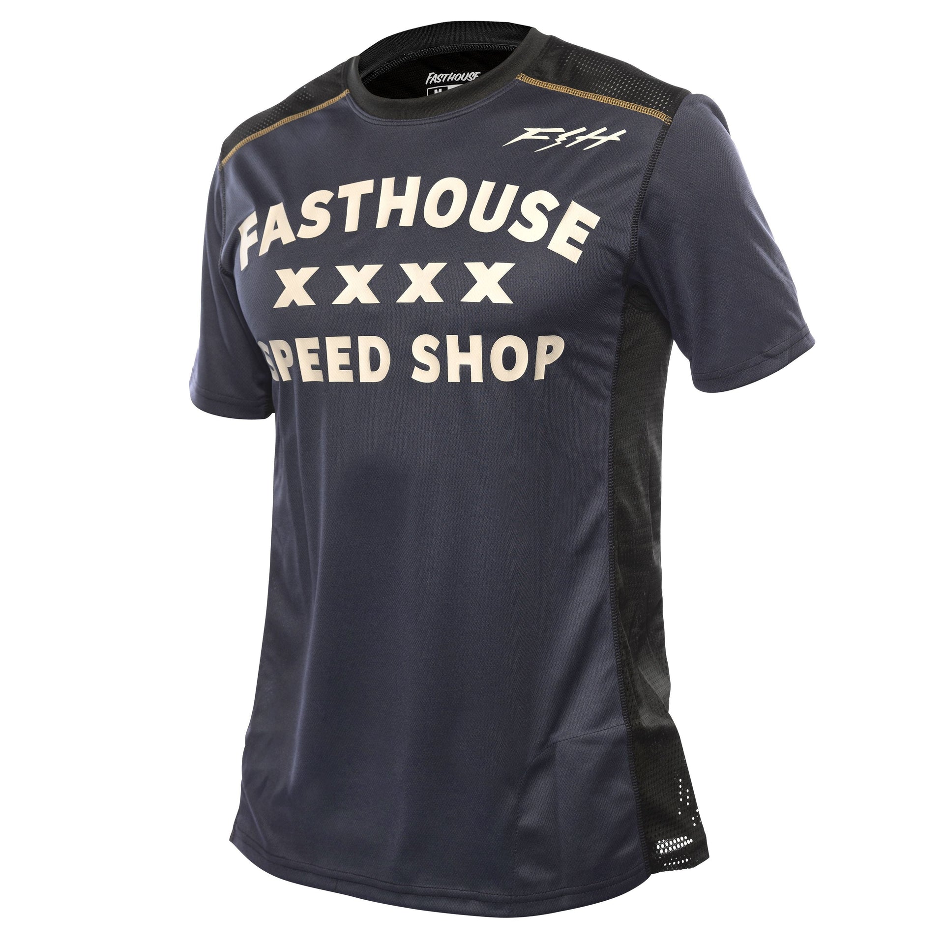 Midnight navy short-sleeve jersey with FASTHOUSE graphic and black mesh side panels