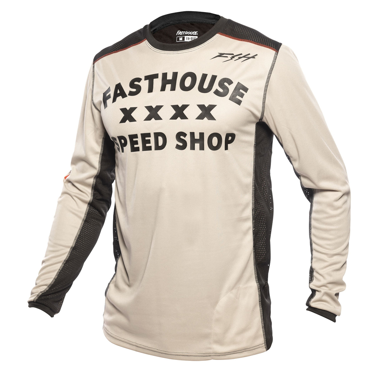 Cream long-sleeve cycling jersey with black mesh panels and Speed Shop print