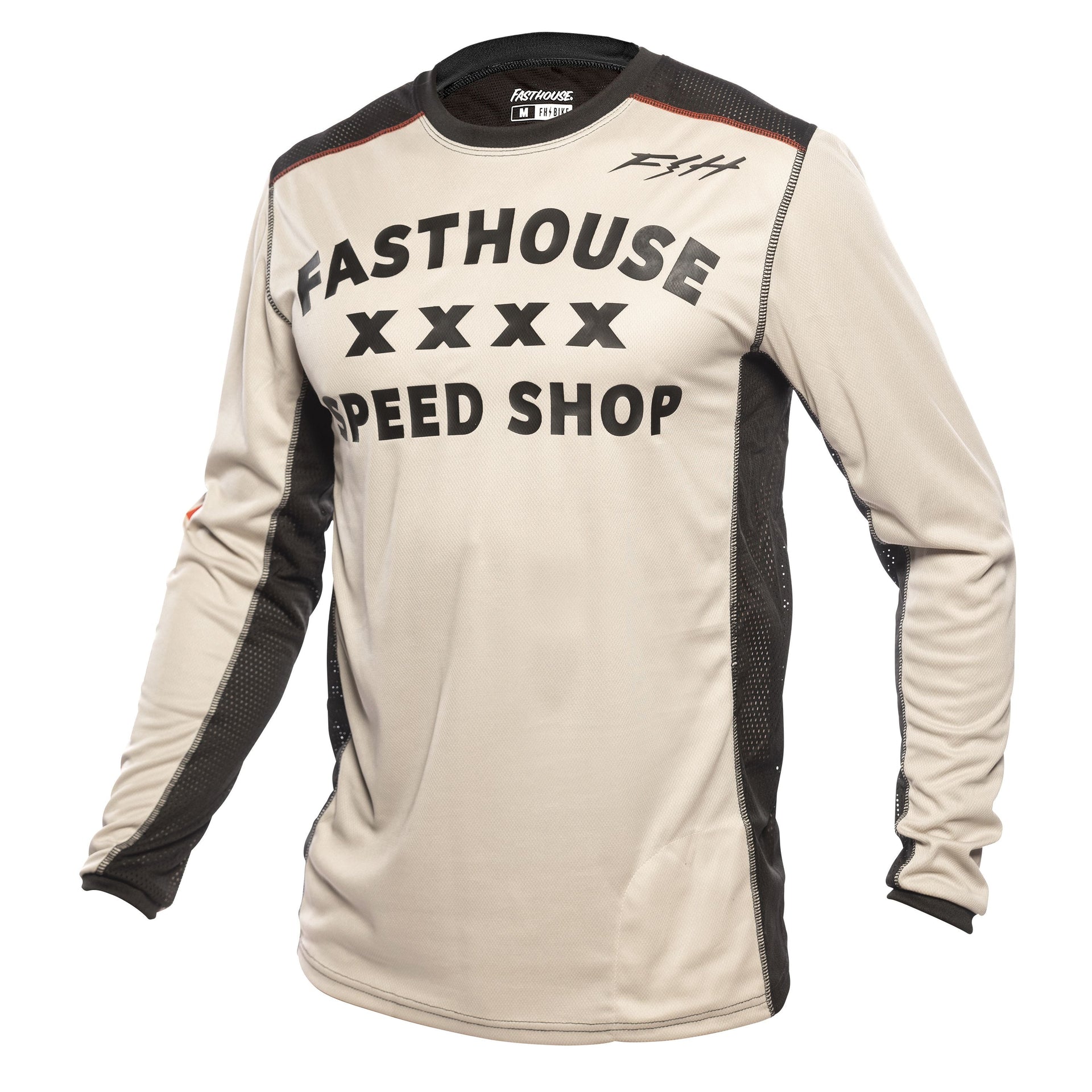 Cream long-sleeve cycling jersey with black mesh panels and Speed Shop print