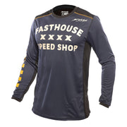 Midnight navy long-sleeve cycling jersey with Fasthouse Speed Shop front print
