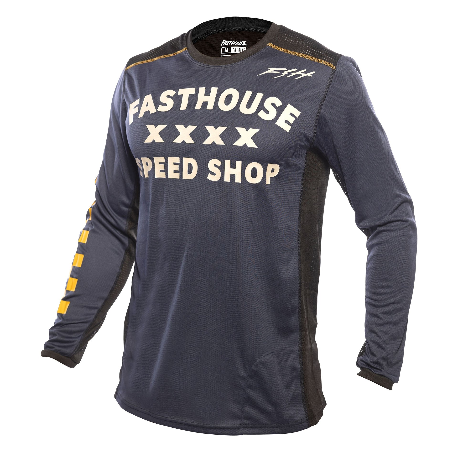 Midnight navy long-sleeve cycling jersey with Fasthouse Speed Shop front print