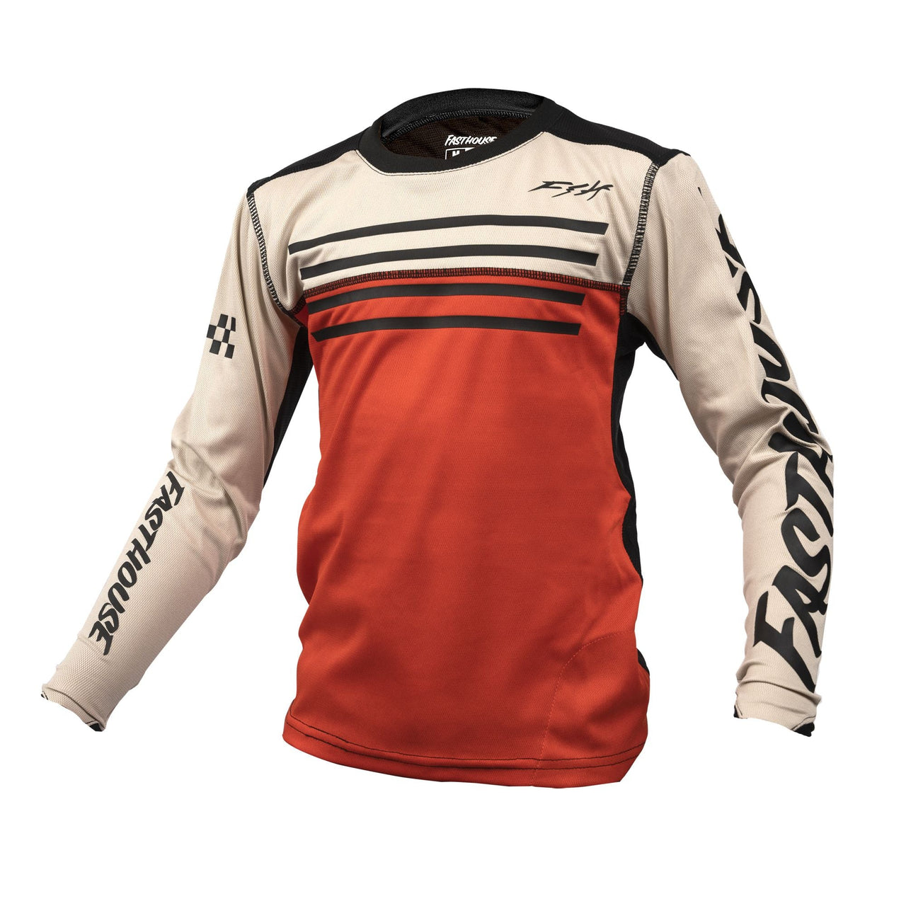 Youth long-sleeve motocross jersey, cream with red front panels and black trims