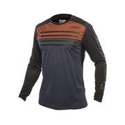 Youth long-sleeve motocross jersey, rust-orange and charcoal with striped chest graphics
