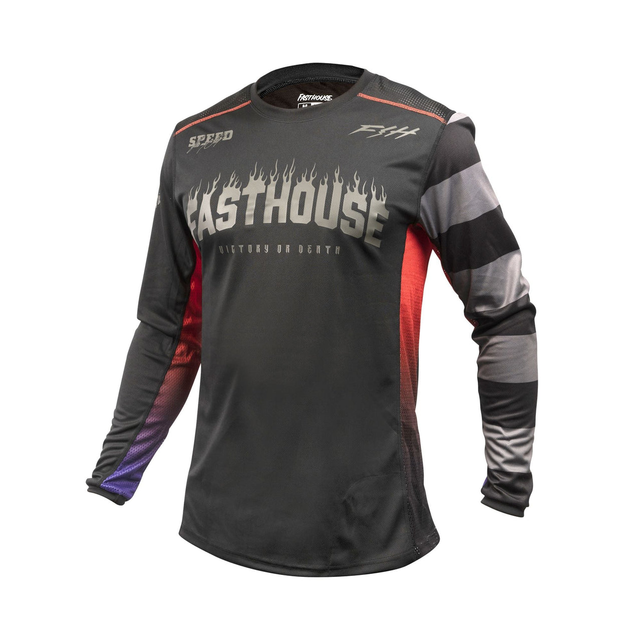Youth black long-sleeve motocross jersey with front flame graphic and red/gray sleeves