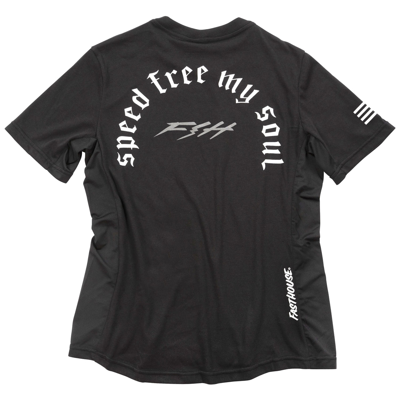 Fasthouse women's Menace SS tech tee, black with large back graphic and sleeve stripe marks