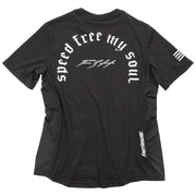 Fasthouse women's Menace SS tech tee, black with large back graphic and sleeve stripe marks