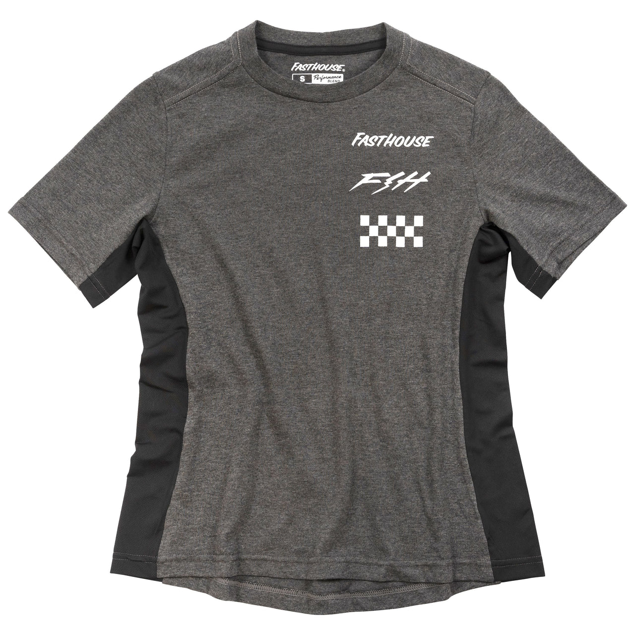 Charcoal heather women’s tech tee with Fasthouse logo, F*H1 graphic, and checkered print