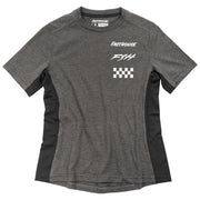 Charcoal heather women’s tech tee with Fasthouse logo, F*H1 graphic, and checkered print