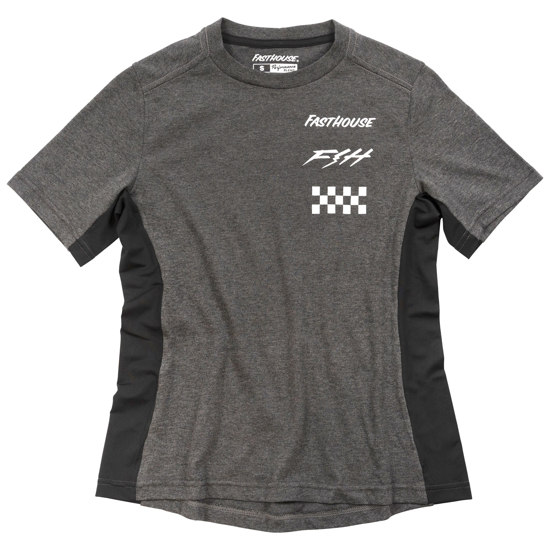 Charcoal heather women’s tech tee with Fasthouse logo, F*H1 graphic, and checkered print