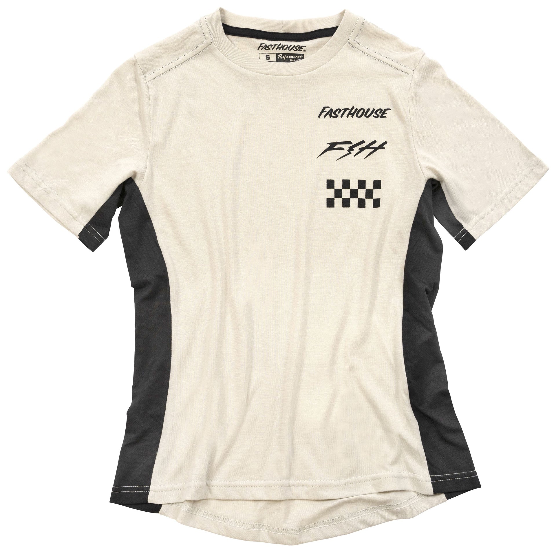 Cream women’s tech tee with black sleeves, Fasthouse logo, F*H1 text, and checkered print