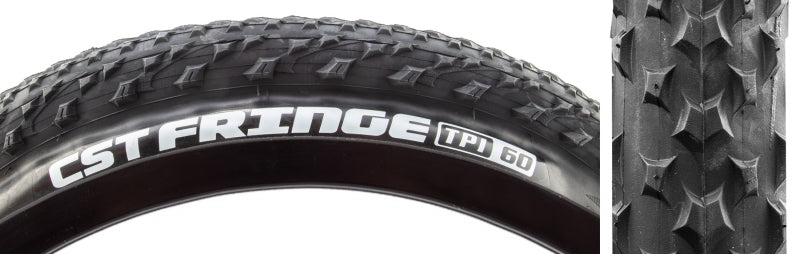 Black 24 x 2.8 clincher tire with CST Fringe tread block pattern