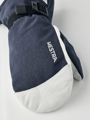 Navy powder gauntlet mittens with white leather palm and Hestra logo on back