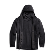 Black hooded jacket with open front showing dark fleece inner layer.