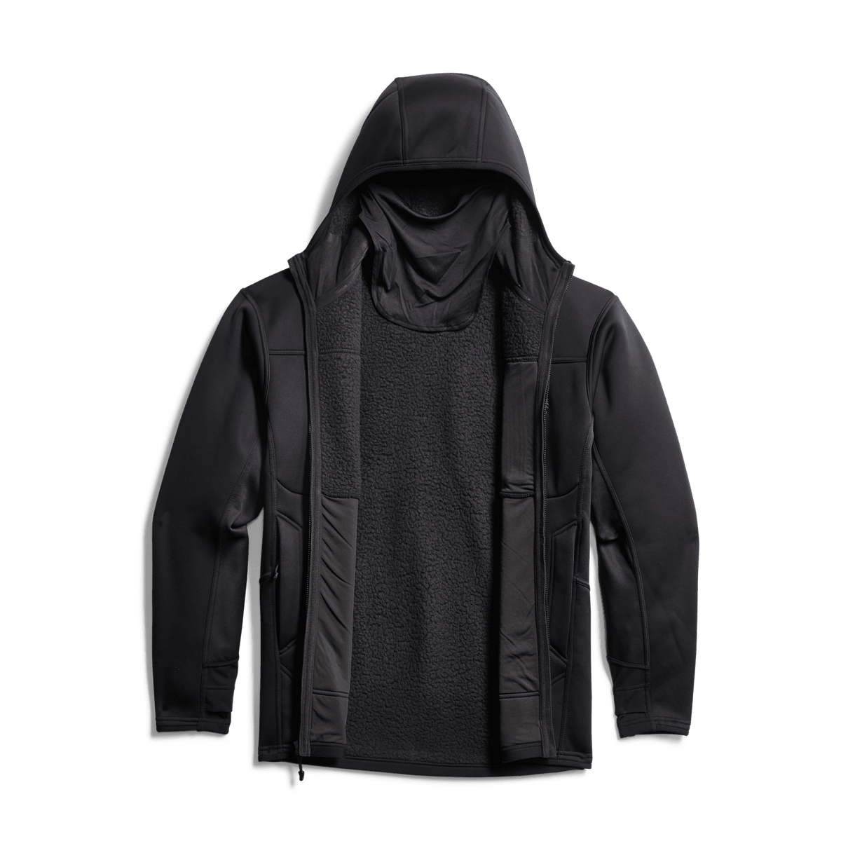 Black hooded jacket with open front showing dark fleece inner layer.