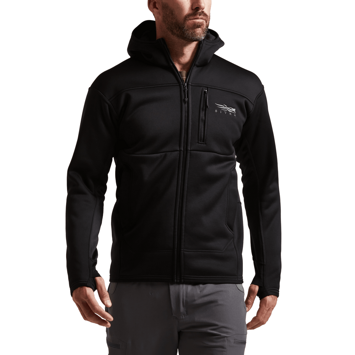 Black zip-front hooded jacket on model with chest logo and side pockets