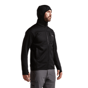 Black hooded zip jacket with stand collar, chest pocket, and side pockets