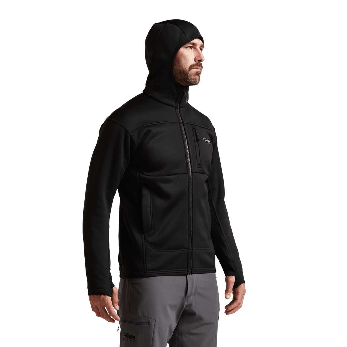 Black hooded zip jacket with stand collar, chest pocket, and side pockets