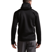 Black back view zip hooded jacket with seam panels and neon piping