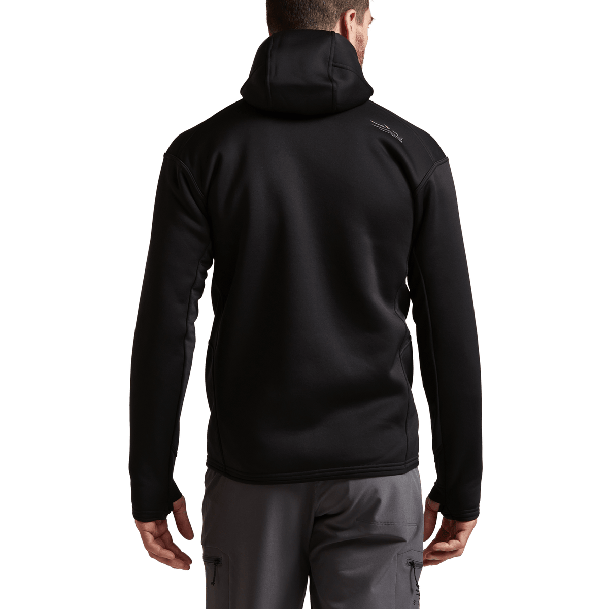 Black back view zip hooded jacket with seam panels and neon piping