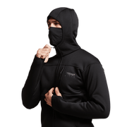 Black zip-up hoodie with adjustable hood and logo on chest