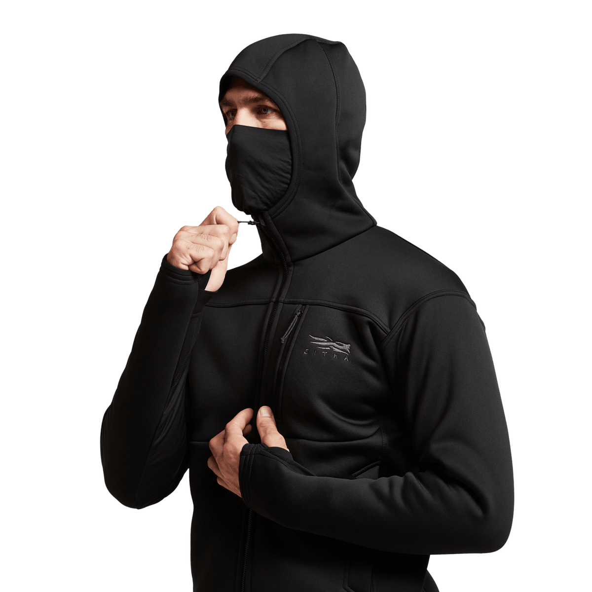 Black zip-up hoodie with adjustable hood and logo on chest