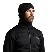 Black zip hooded jacket close-up with chest logo and stand collar