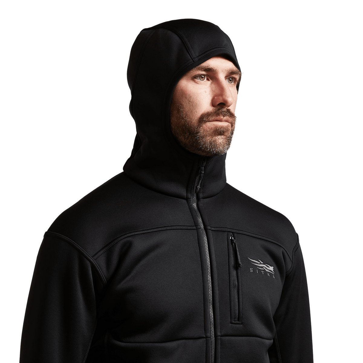 Black zip hooded jacket close-up with chest logo and stand collar