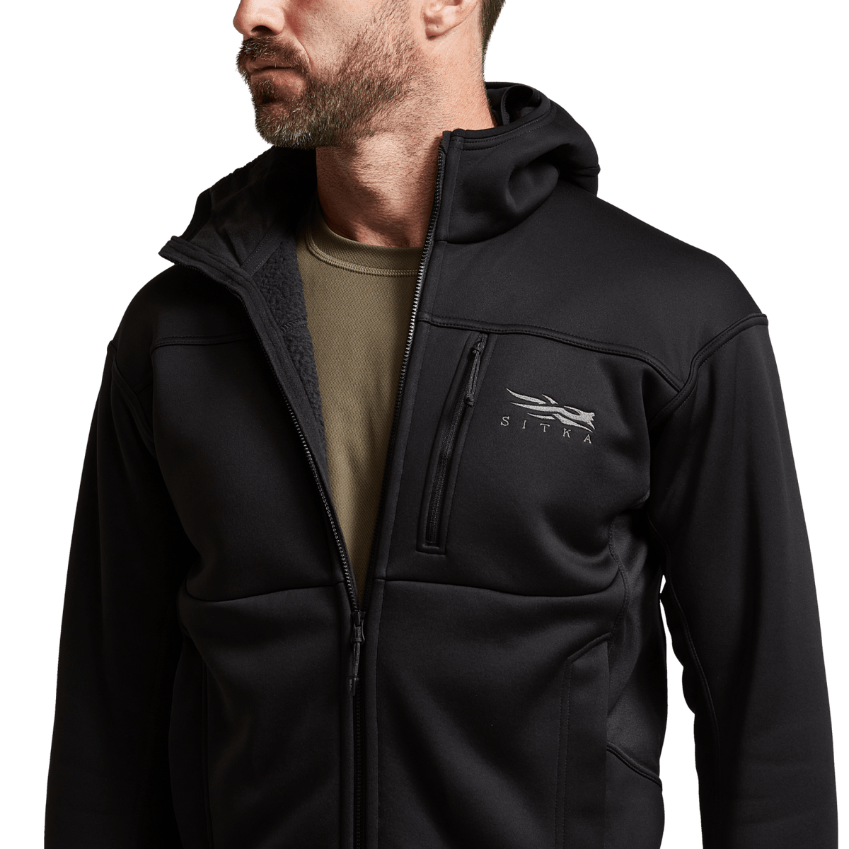 Black hooded zip jacket close-up: chest pocket, zipper pull, and small logo