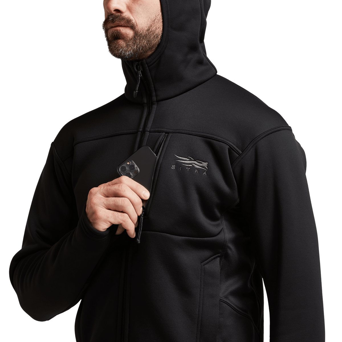 Black zip hooded jacket close-up with chest logo, drawcord, and pocket