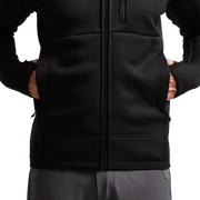 Black zip-up hoodie front with zipper, chest seams, and hand pockets