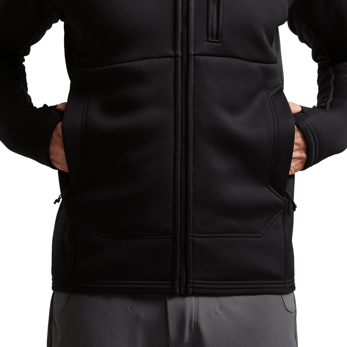 Black zip-up hoodie front with zipper, chest seams, and hand pockets