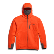 Bright orange zip-front hooded jacket with logo and contrast inner hood