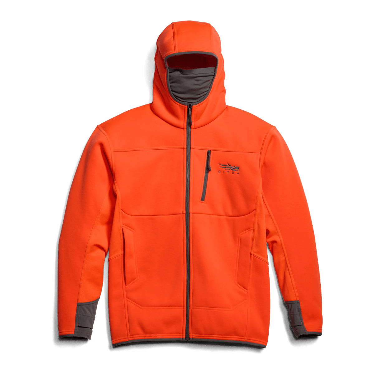 Bright orange zip-front hooded jacket with logo and contrast inner hood
