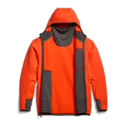 Orange hooded jacket with open hood showing dark inner lining panels.