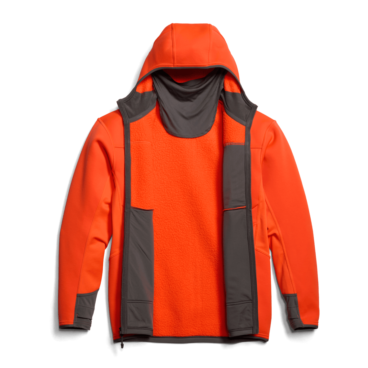 Orange hooded jacket with open hood showing dark inner lining panels.