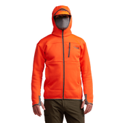 Traverse hoodie in Blaze Orange, full-zip with hood and thumb-loop cuffs