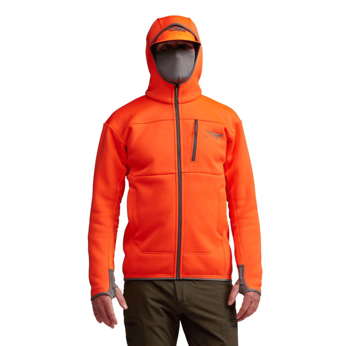 Traverse hoodie in Blaze Orange, full-zip with hood and thumb-loop cuffs