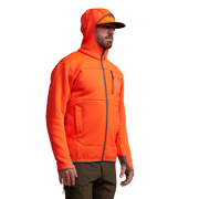 Blaze Orange hooded zip jacket with stand collar, hand pockets, and chest pocket