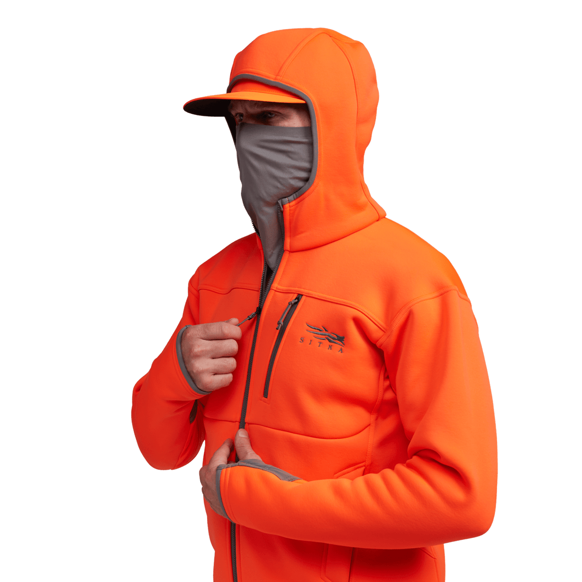 Traverse hoodie in Blaze Orange, side view with face-covering hood panel