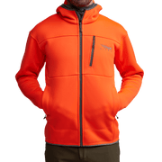 Orange zip-up hooded jacket with contrast lining and front chest pocket.