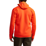 Traverse hoodie in Blaze Orange, back view with hood and yoke seams