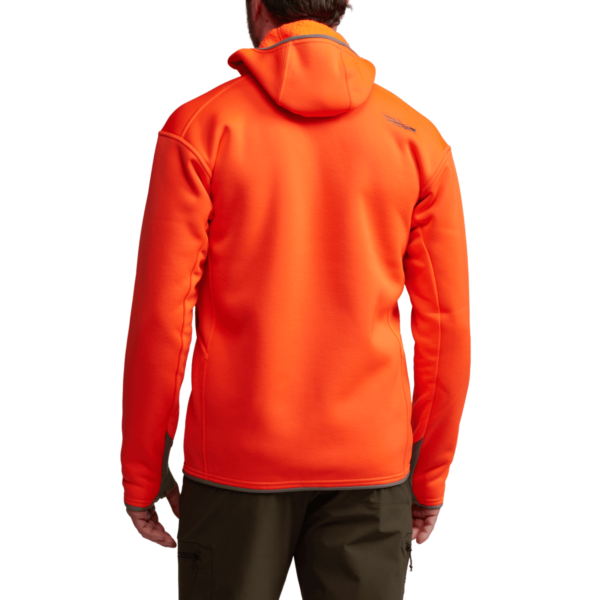 Traverse hoodie in Blaze Orange, back view with hood and yoke seams