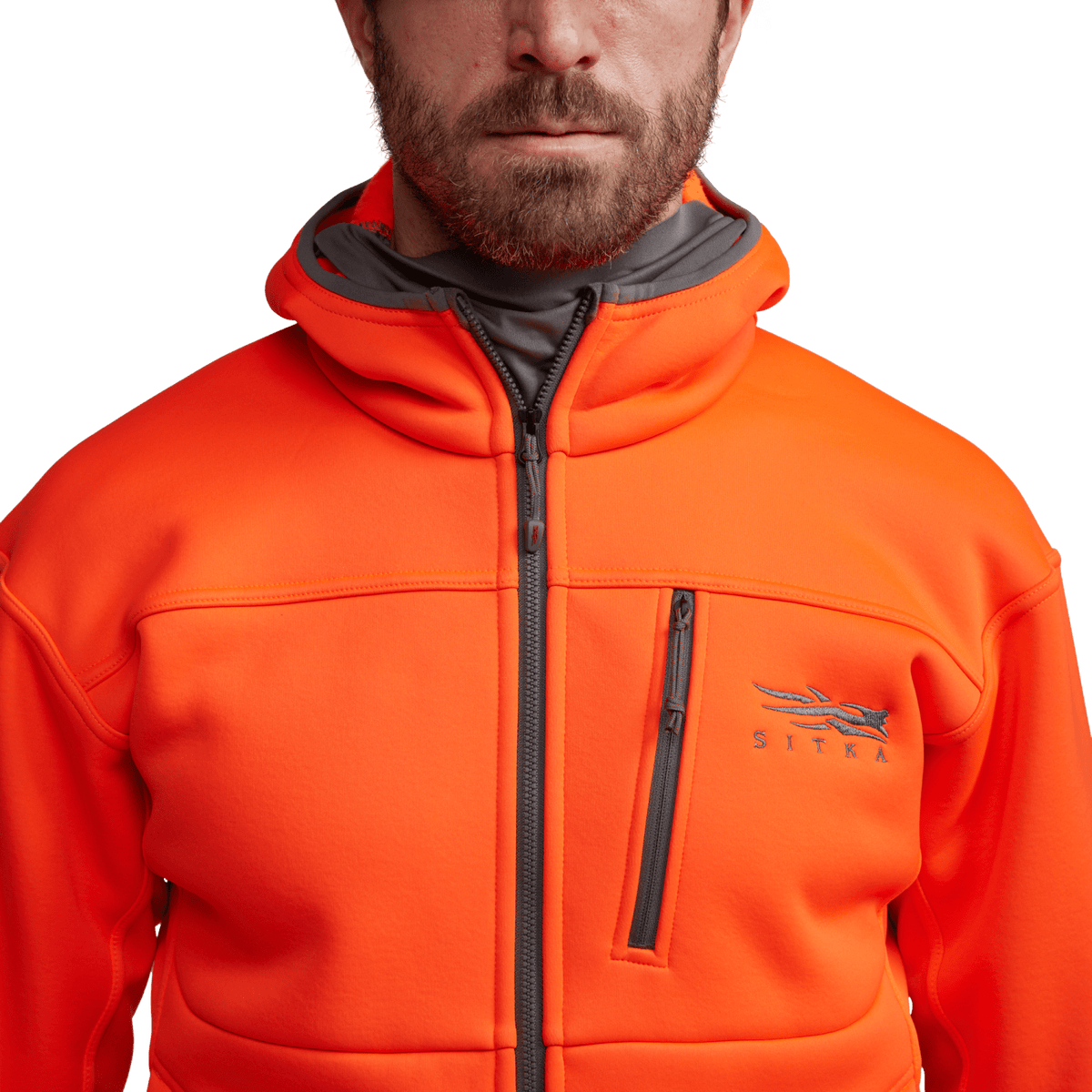 Orange zip-up hoodie close-up with front zipper and chest pocket