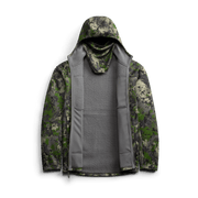 Traverse hoodie in Optifade pattern camo, open hood shows gray fleece lining