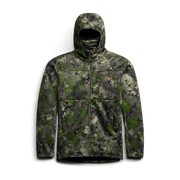 Green-gray digital camouflage hooded zip jacket with stand collar and chest pocket